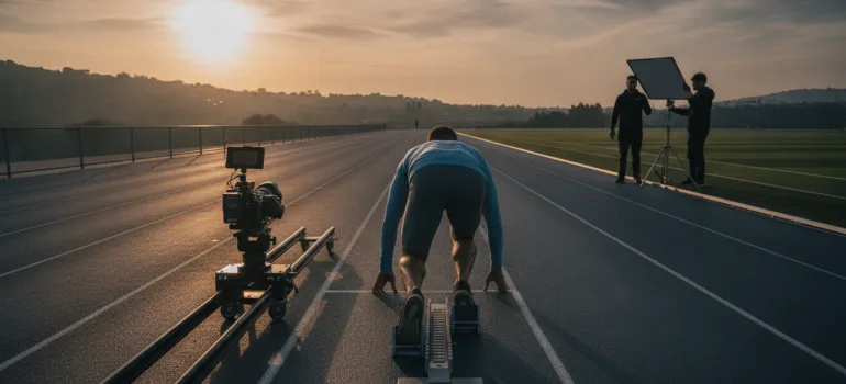 Spor markası reklamı sporcu oyuncu çekimi için set ortamı