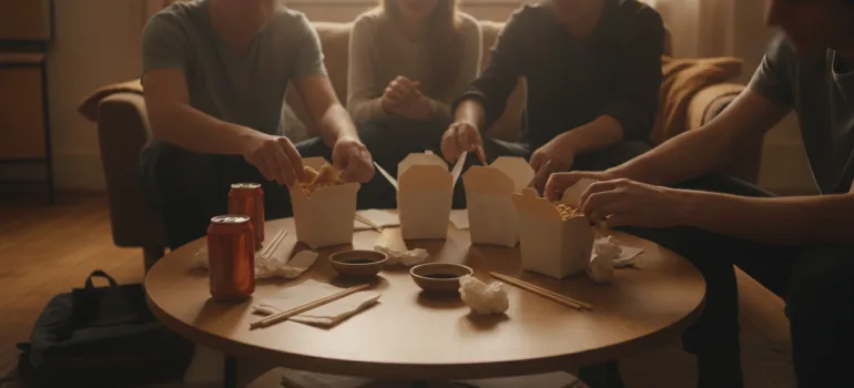 Yemek siparişi reklamı genç oyuncu çekimi için set ortamı